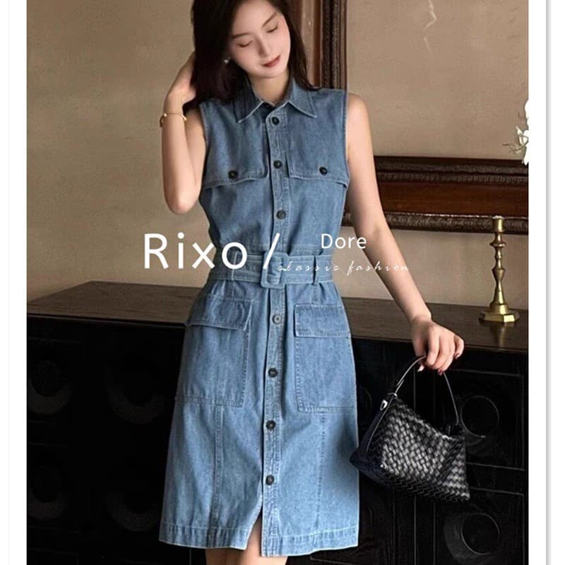rixo dore 프랑스식 고급 센스 미니멀리즘 허리 수축 슬림해 보이는 품격 데님 드레스 작은 키 조끼 스커트 여성 이미지 5