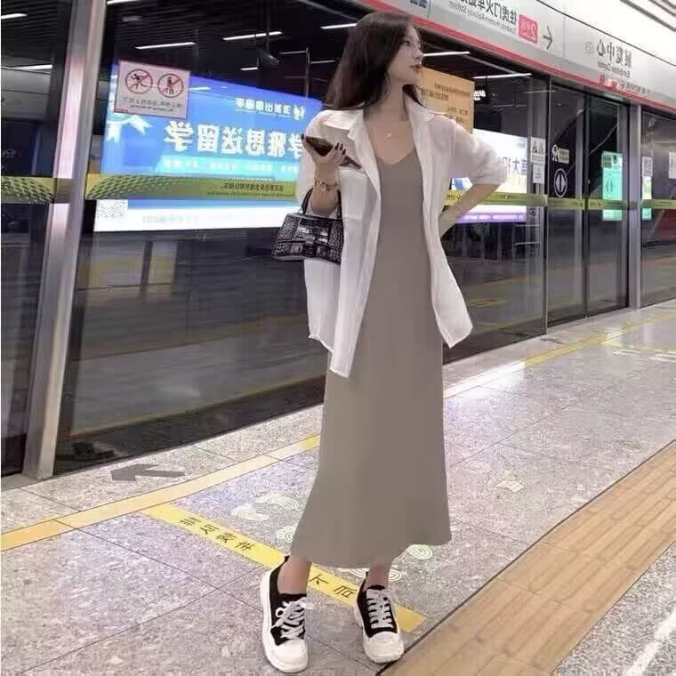 여름 드레스 코디 에이즈 환자 여성 세트 자외선 차단 긴팔 셔츠 투피스 세트 이른 봄 소금 부서 빛 요리 한 캐주얼 슬립 드레스 상세 이미지 1