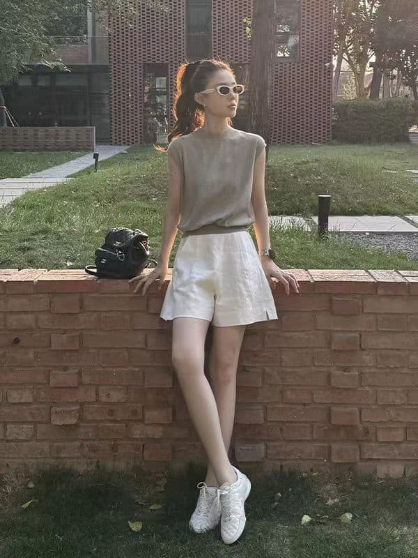 여름 ootd 착용 가져 가라. 한 부서 느긋한 chic 관대 한 점잖은 회색 니트 맨위 반바지 투피스 슈트 여성 여름 상세 이미지 1