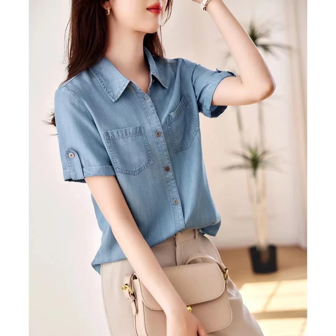 주간 실크 데님 셔츠 2026 봄 여름 새로운 패션 외국 가스 다용도 루즈핏 커프스 디자인 센스 셔츠 이미지 2