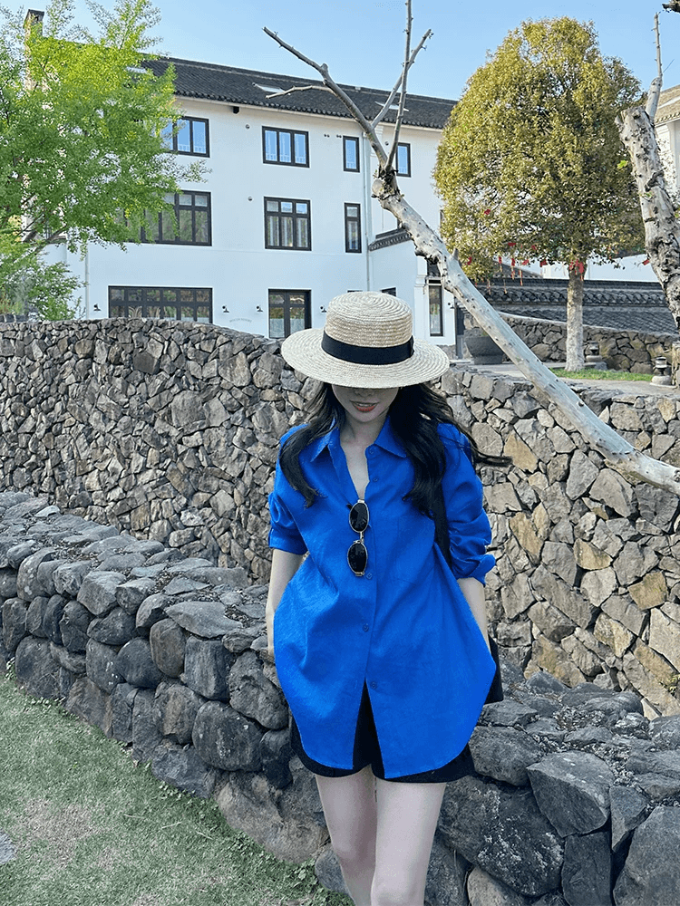 골드 스와 하나 톰 글 래 원인 블루 라미 셔츠 여름 한국 스타일 루즈핏 긴팔 얇은 스타일 자외선 차단 셔츠 chic 맨위 상세 이미지 5