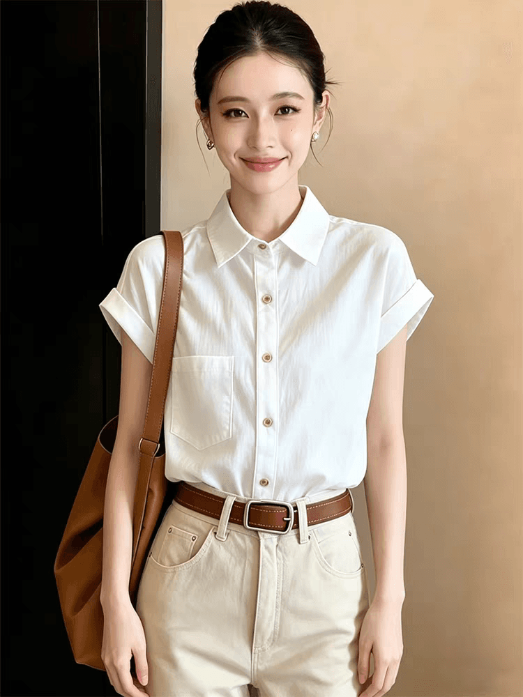 화이트 POLO 칼라 반팔 여성 셔츠 2026 여름 새로운 셔츠 프랑스식 사소한 아름다운 품격 여성 맨위 상세 이미지 1