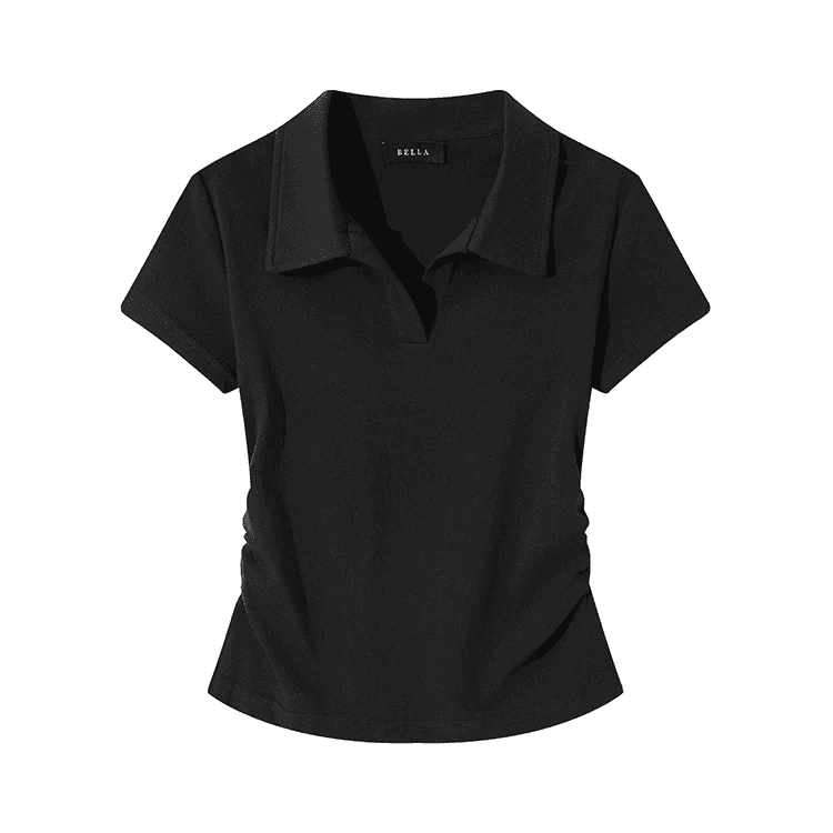 회색 polo 폴로 칼라 긍정적 인 어깨 반팔 티셔츠 여성 여름 주름 허리 수축 몸매 가꾸기 기본 셔츠 인사이드 잡아라. 의류 상세 이미지 1