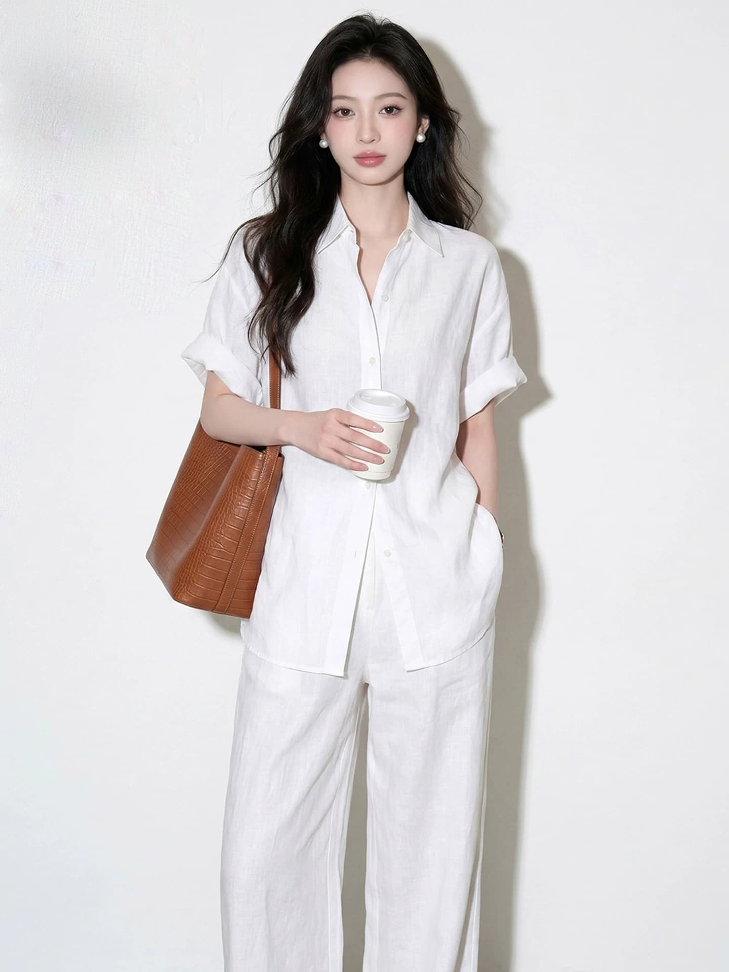 오래된 돈 바람 화이트 POLO 칼라 면 린넨 셔츠 여름 반팔 느긋한 바람 고급 센스 자외선 차단 카디건 코트 맨위 이미지 3
