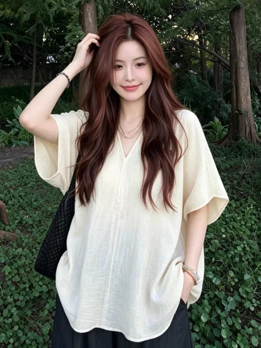 오래된 돈 바람 모방 아마 셔츠 반팔 여성 2026 새로운 고유 한 자이언트 잘 생긴 블라우스 디자인 센스 빅 사이즈 맨위 얇은 이미지 3