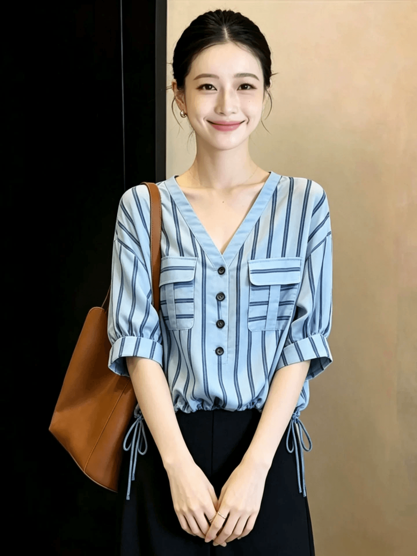 프랑스식 아름다운 파란색 V넥 펌프 로프 반팔 여성 셔츠 여름 출퇴근 착용 가져 가라. 작은 키 싱글 착용 루즈핏 맨위 상세 이미지 3