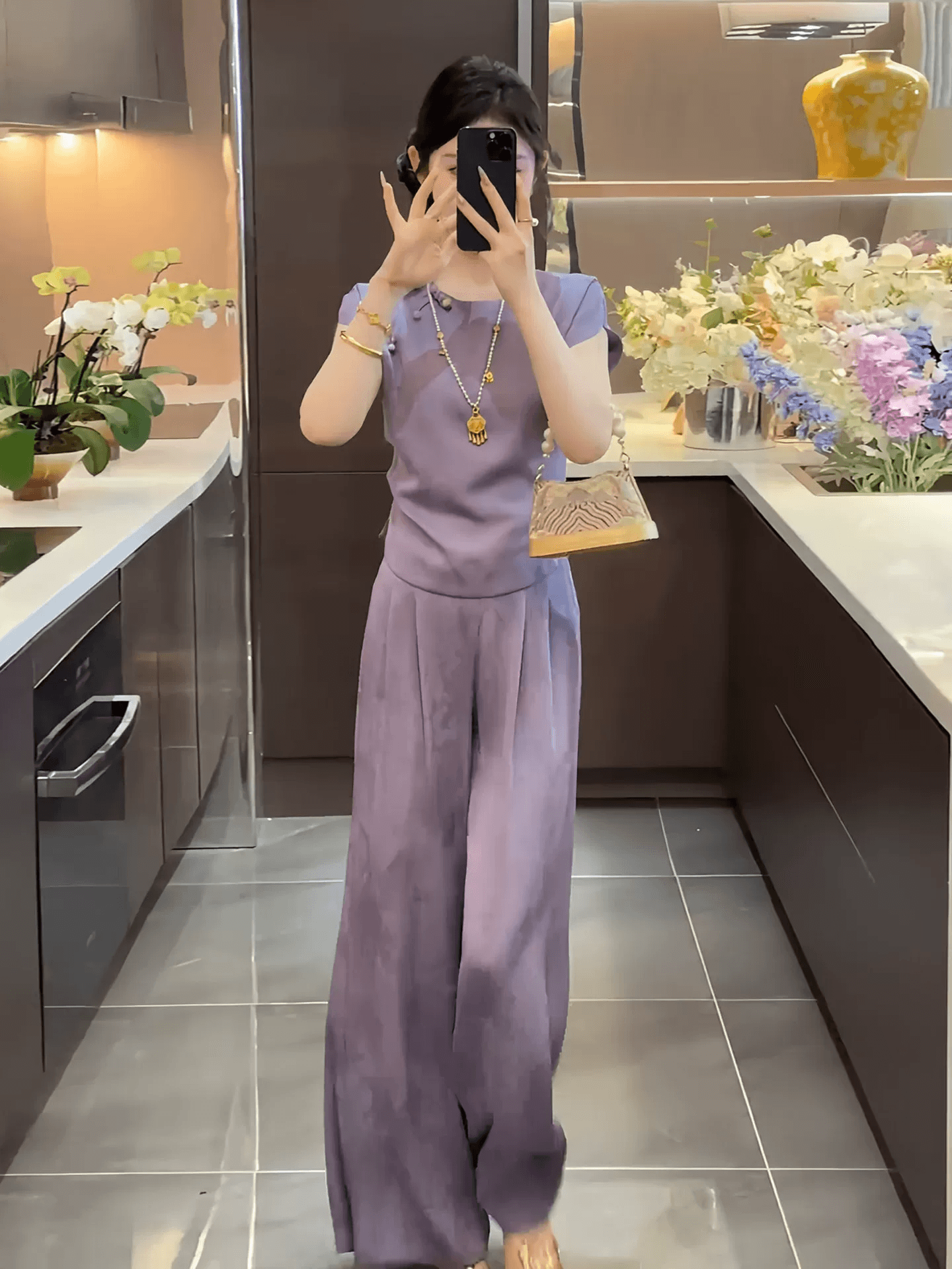 2026 년 여름 새로운 착용 가져 가라. 고급 센스 품격 고유 한 아름다운 아름다운 보라색 맨위 바지 절묘한 세트 상세 이미지 5