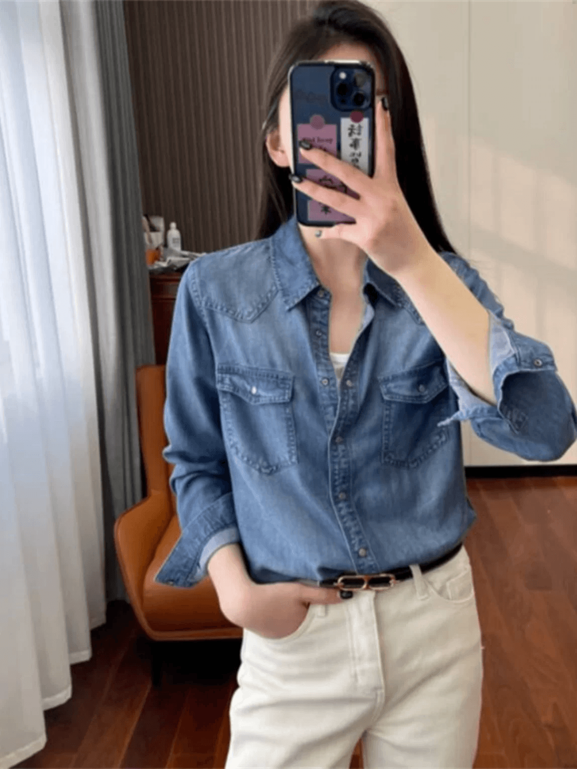 2026 봄 가을 새로운 라이 경기 서울 데님 셔츠 여성 의류 캐주얼 고급 센스 셔츠 캐주얼 루즈핏 얇은 맨위 상세 이미지 2