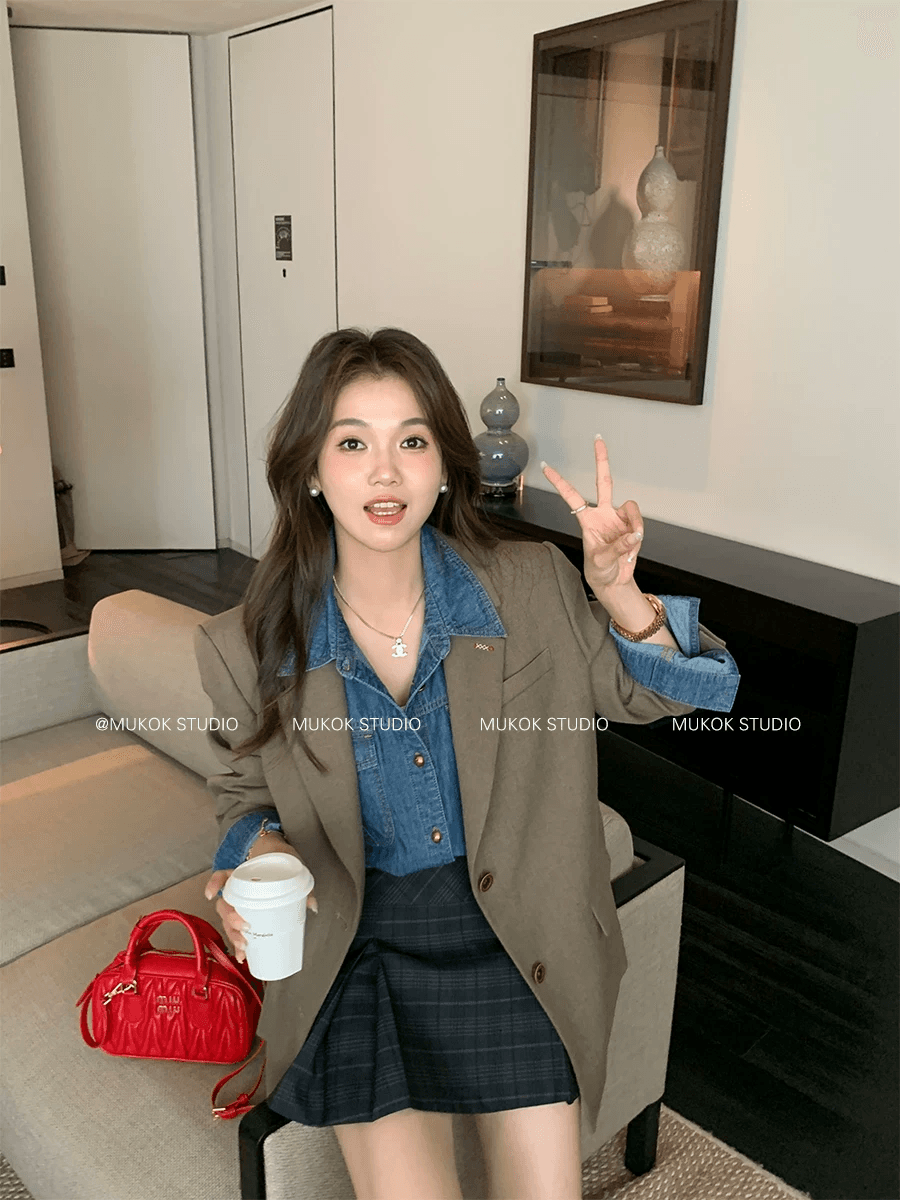 레트로 보물 면 파란색 셔츠 여성 코트 스택 착용 데님 맨위 셔츠 2026 새로운 상세 이미지 1