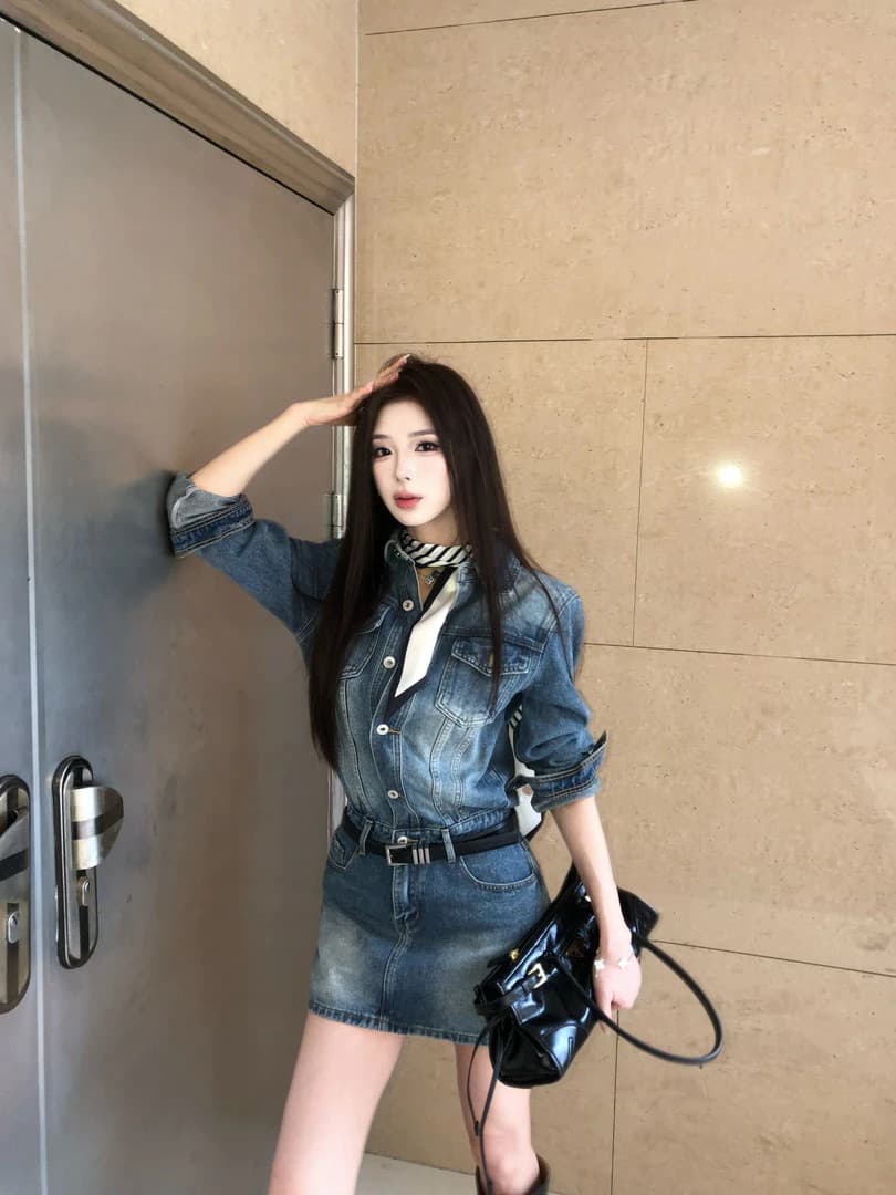 파리 공동 폴로 칼라 데님 스커트 아이들 이른 봄 단추 미니멀리즘 드레스 품격 슬림해 보이는 디자인 센스 시간 이미지 4