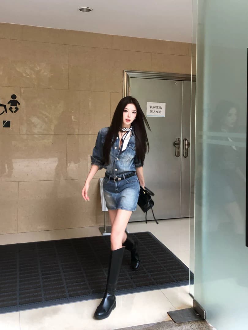 파리 공동 폴로 칼라 데님 스커트 아이들 이른 봄 단추 미니멀리즘 드레스 품격 슬림해 보이는 디자인 센스 시간 상세 이미지 1