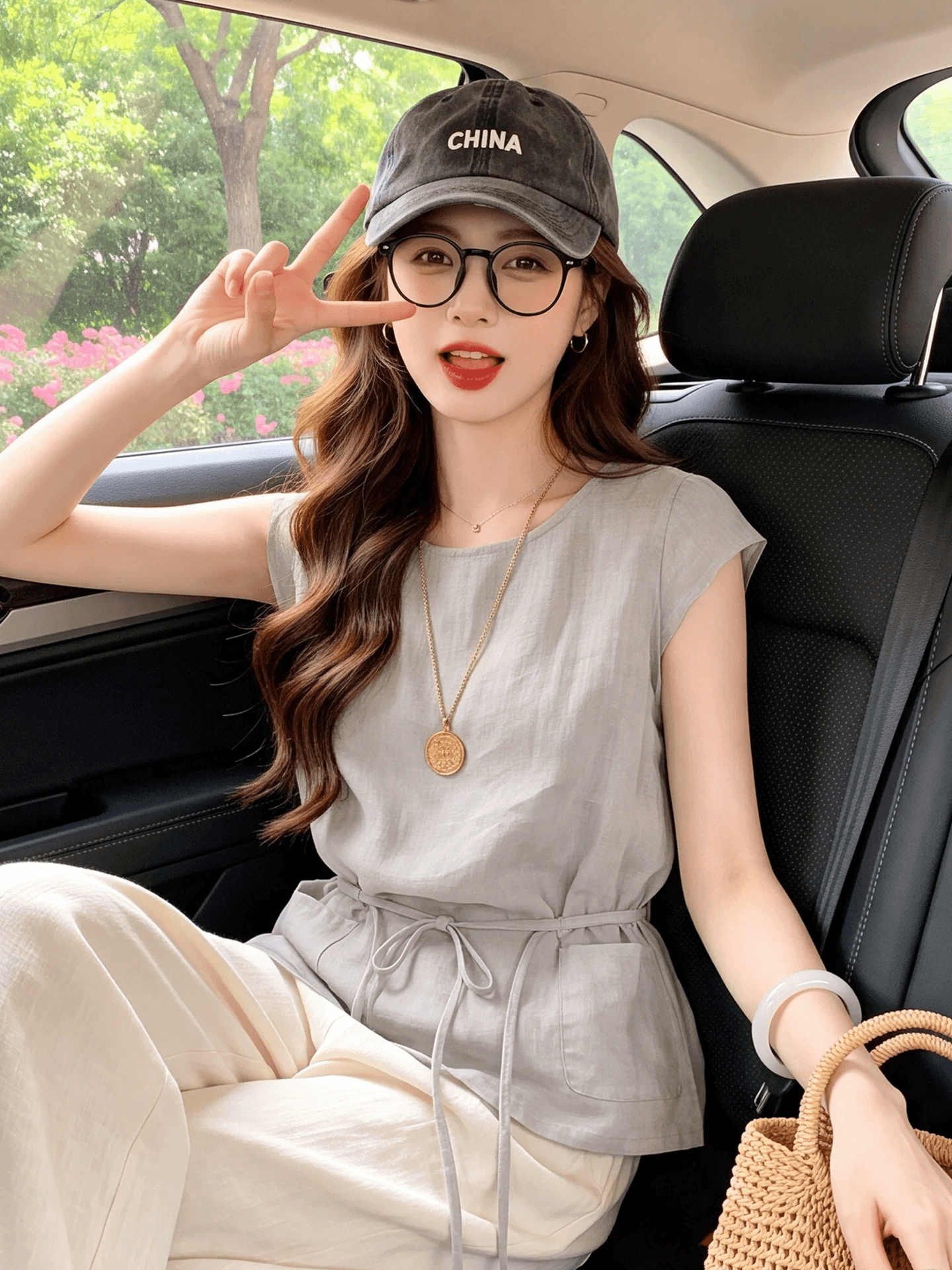자이언트 잘 생긴 회색 아마 작은 날다 소매 반팔 여성 셔츠 여름 허리 수축 디자인 센스 루즈핏 스트랩 맨위 얇은 스타일 이미지 2