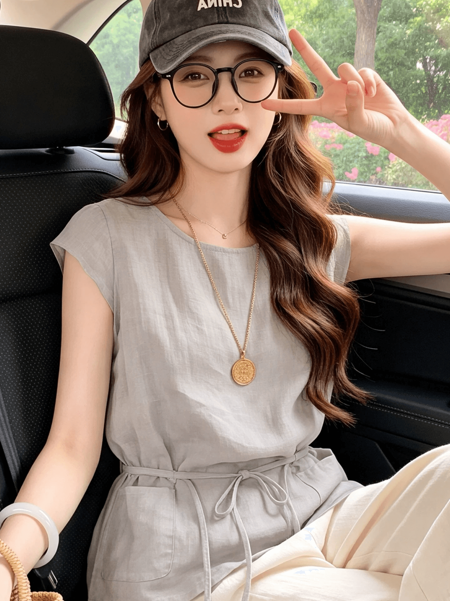 자이언트 잘 생긴 회색 아마 작은 날다 소매 반팔 여성 셔츠 여름 허리 수축 디자인 센스 루즈핏 스트랩 맨위 얇은 스타일 상세 이미지 1