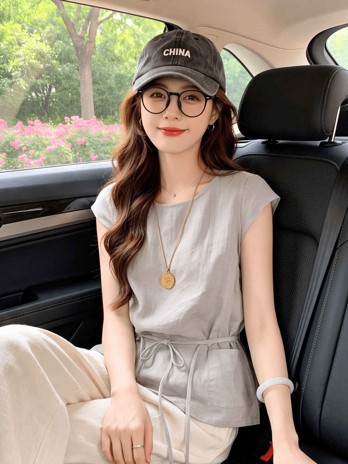 자이언트 잘 생긴 회색 아마 작은 날다 소매 반팔 여성 셔츠 여름 허리 수축 디자인 센스 루즈핏 스트랩 맨위 얇은 스타일 상세 이미지 4