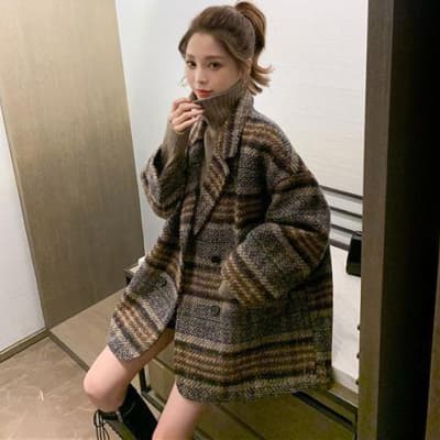 체크무늬 모직 여성 코트 작은 키 2026 가을 겨울 새로운 인기 한국 스타일 루즈핏 모직 코트 여자 중간 롱 코트 이미지 3