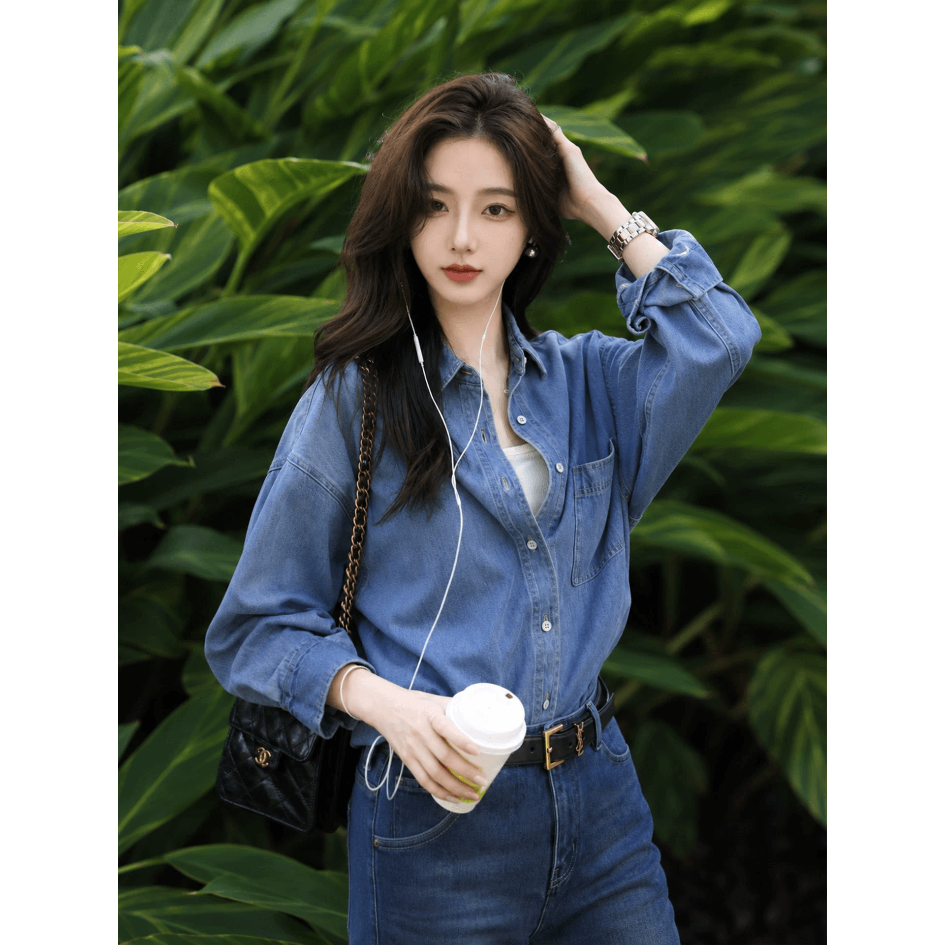 항구 바람 레트로 파란색 데님 여성 셔츠 이른 가을 얇은 스타일 작은 키 폴로 칼라 셔츠 루즈핏 슬림해 보이는 긴팔 맨위 이미지 5