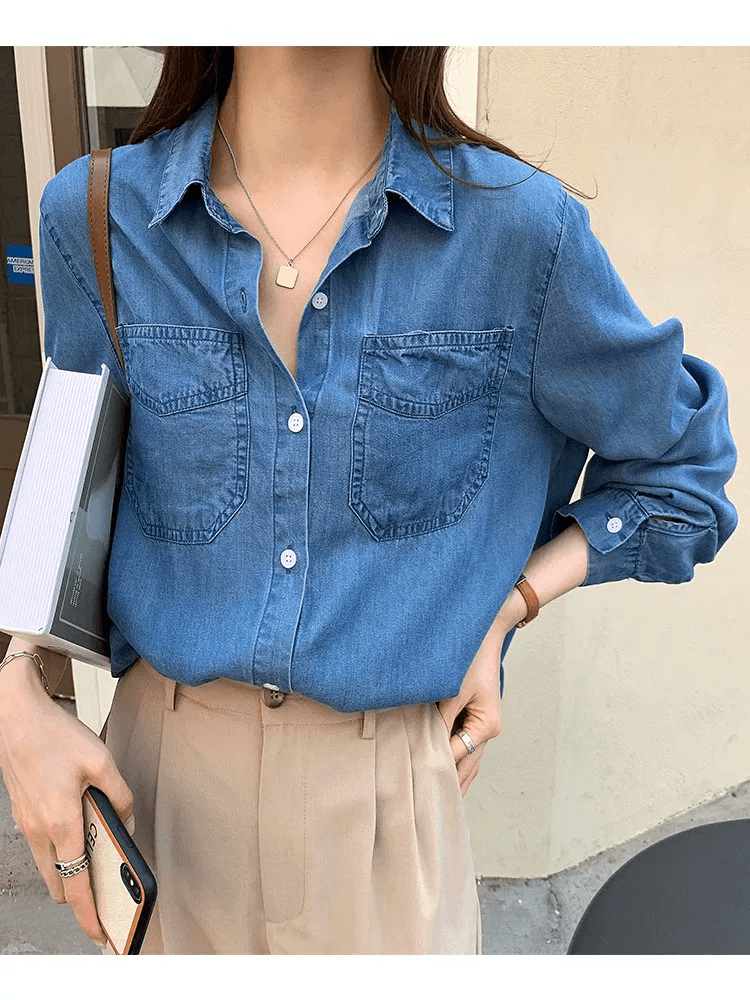 데님 여성 셔츠 2026 가을 새로운 디자인 센스 얇은 스타일 루즈핏 셔츠 외부 가져 가라. 레트로 홍콩 느낌 소금 부서 재킷 상세 이미지 1