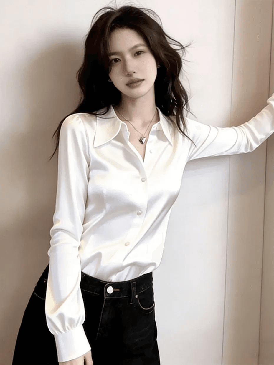 화이트 아세트산 셔츠 여성 긴 소매 가을 2026 새로운 대양 품격 셔츠 패션 루즈핏 새틴 긍정적 인 어깨 의류 이미지 3