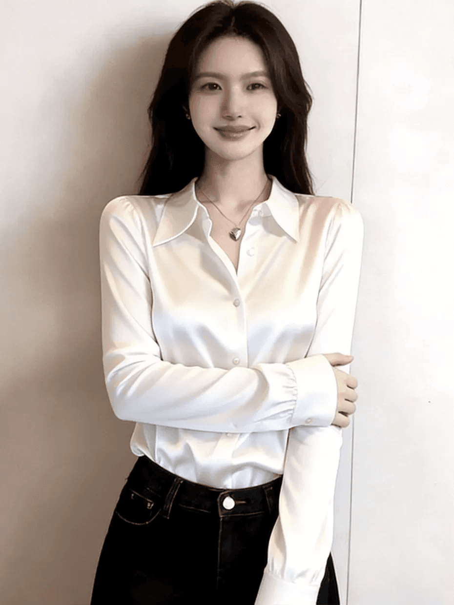 화이트 아세트산 셔츠 여성 긴 소매 가을 2026 새로운 대양 품격 셔츠 패션 루즈핏 새틴 긍정적 인 어깨 의류 상세 이미지 3