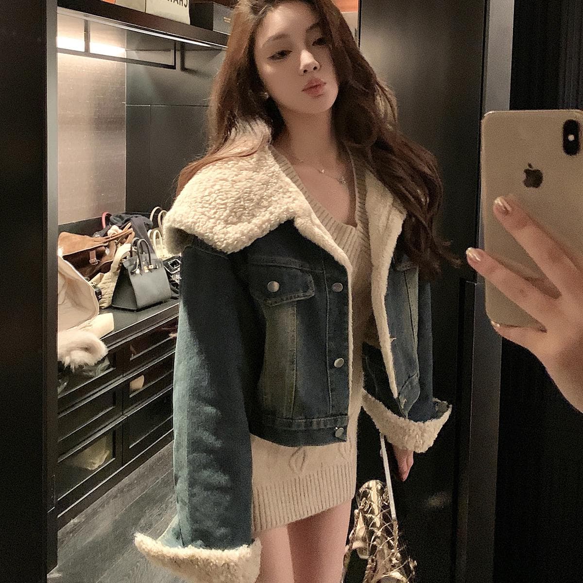 치우 고기 야오 폴로 칼라 양털 털이 있는 데님 여성 코트 겨울 두꺼운 짧은 외투