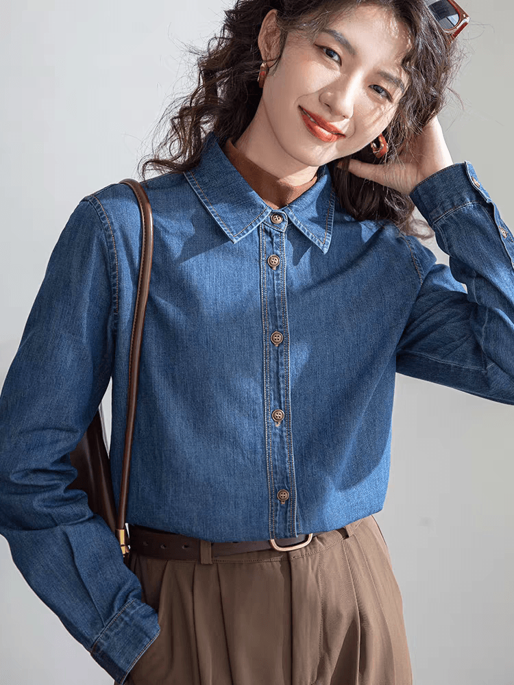 실사 레트로 항구 바람 긍정적 인 어깨 데님 여성 셔츠 인사이드 가져 가라. 스택 착용 2024 봄 새로운 작은 키 부드러운 맨위 이미지 4