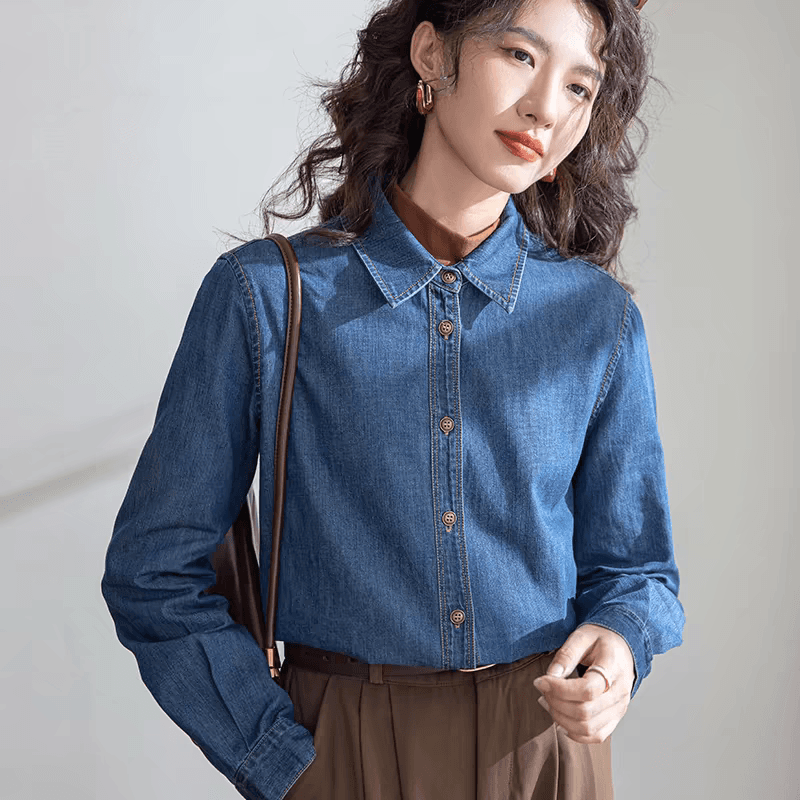 실사 레트로 항구 바람 긍정적 인 어깨 데님 여성 셔츠 인사이드 가져 가라. 스택 착용 2024 봄 새로운 작은 키 부드러운 맨위 상세 이미지 1