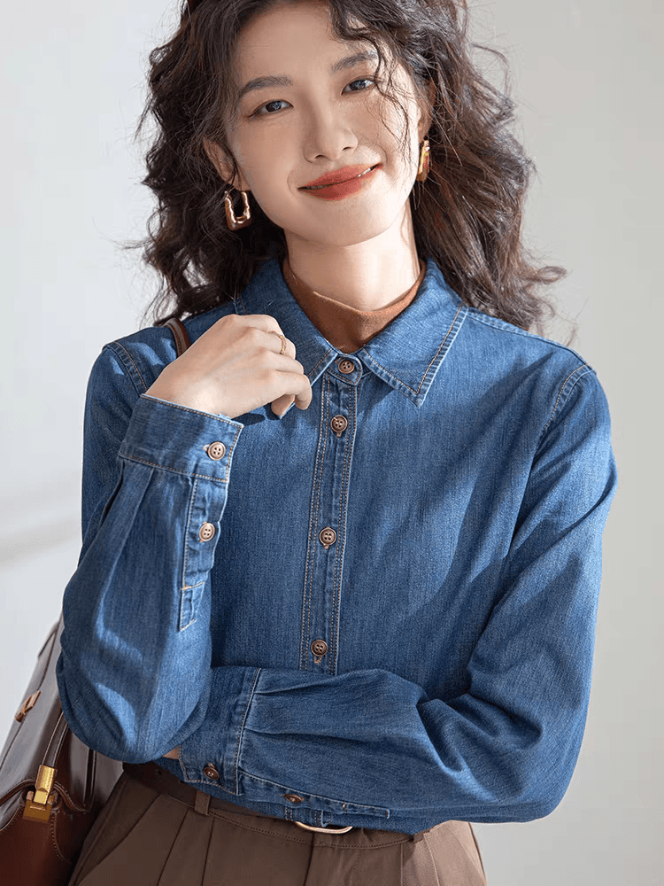 실사 레트로 항구 바람 긍정적 인 어깨 데님 여성 셔츠 인사이드 가져 가라. 스택 착용 2024 봄 새로운 작은 키 부드러운 맨위 상세 이미지 5