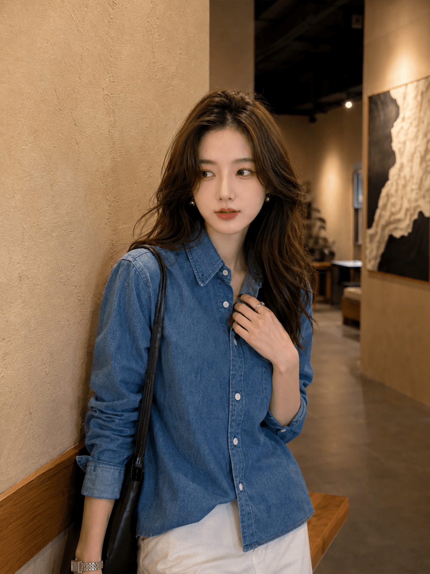 프랑스식 레트로 파란색 데님 여성 셔츠 2026 가을 새로운 외부 가져 가라. 고급 디자인 센스 긴팔 맨위 셔츠 상세 이미지 1