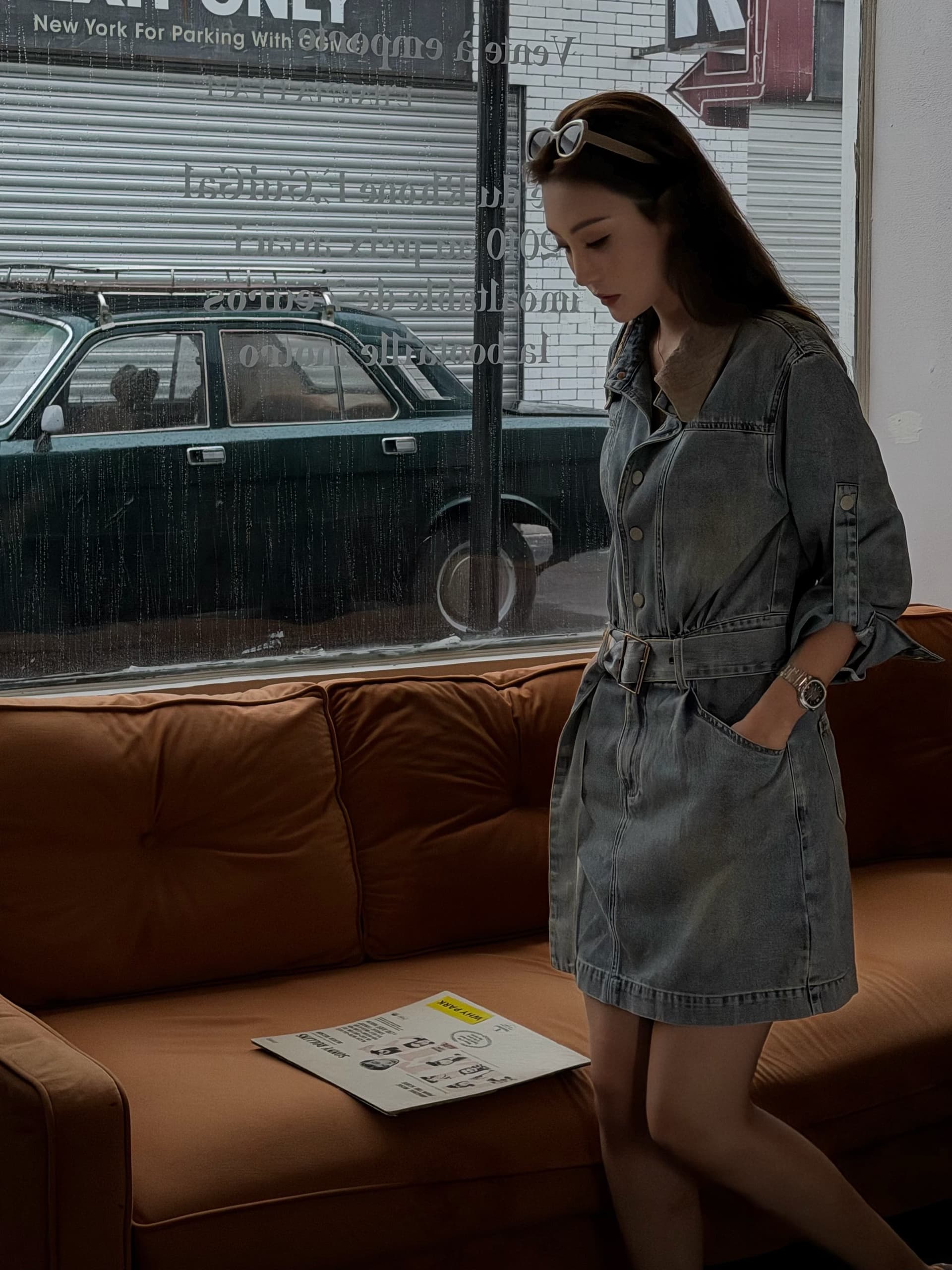 moprobably 리 줘 Connaught 밀 제직 치마 패치워크 옷깃 세차 물 긴팔 데님 드레스 품격 중간 스커트 이미지 4