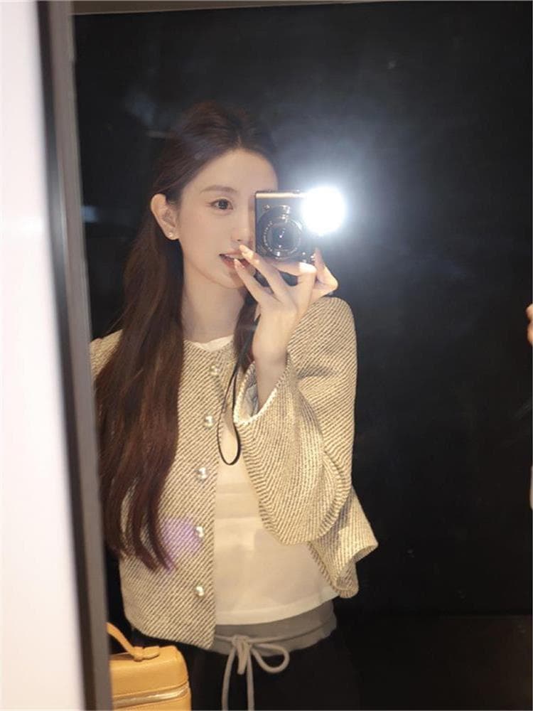 명문 여성 작은 샤넬 스타일 여성 코트 봄 레트로 슬림해 보이는 고급 센스 2026 작은 키 한 부서 천 골드 쇼트 스타일 맨위 이미지 3