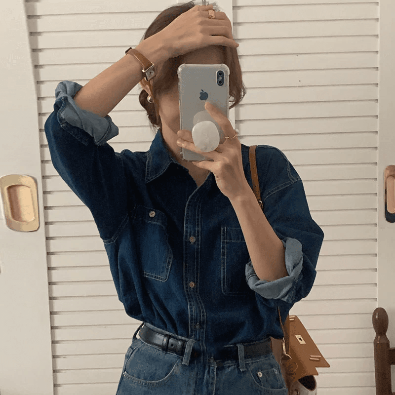 한국 chic 가을 외국 가스 레트로 폴로 칼라 명시적 스티치 디자인 루즈핏 긴팔 워싱 데님 셔츠 맨위 여성 상세 이미지 3