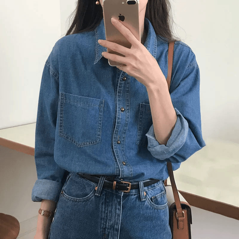 한국 chic 봄 레트로 다용도 폴로 칼라 배색 명시적 스티치 디자인 더블 주머니 루즈핏 긴팔 데님 여성 셔츠