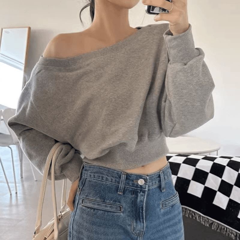 한국 chic 가을 작은 대중 디자인 센스 불규칙 비스듬한 칼라 이슬 숄더백 다용도 쇼트 스타일 단색 긴팔 후드티 여성 상세 이미지 5