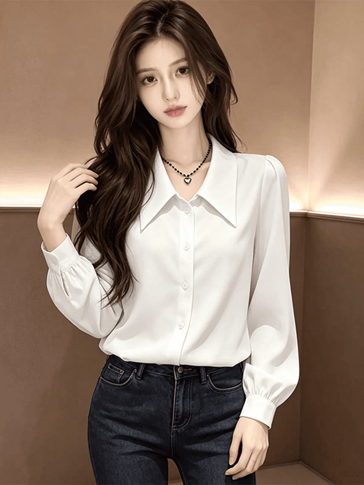프랑스식 화이트 긴팔 여성 셔츠 봄 가을 작은 키 디자인 센스 폴로 칼라 셔츠 경력 출퇴근 긍정적 인 어깨 의류 이미지 3