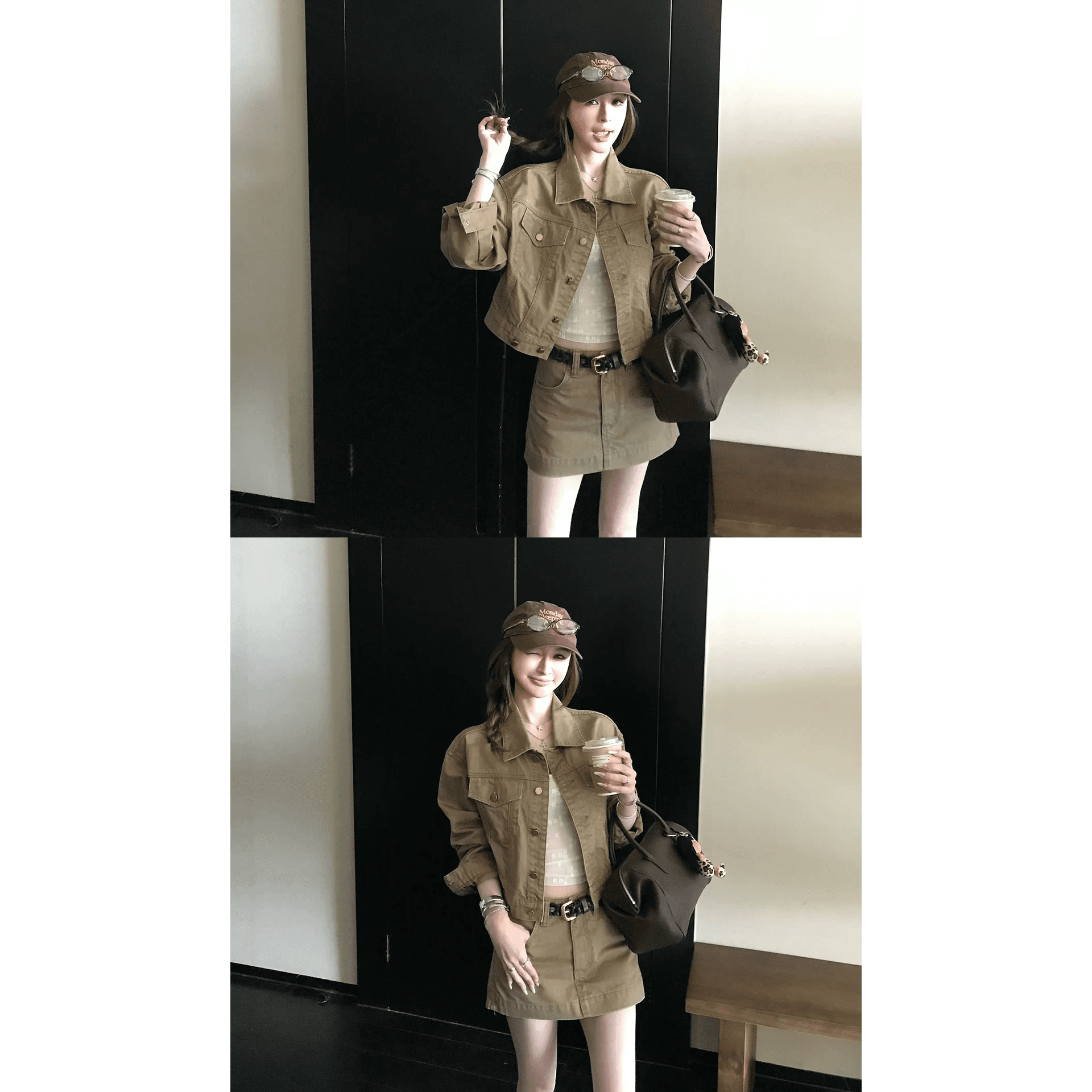skk store 느슨함 타닌 핫걸 워싱 블루 면 부드러운 느슨함 자기 접촉 데님 재킷 미니 스커트 세트 여성 이미지 4