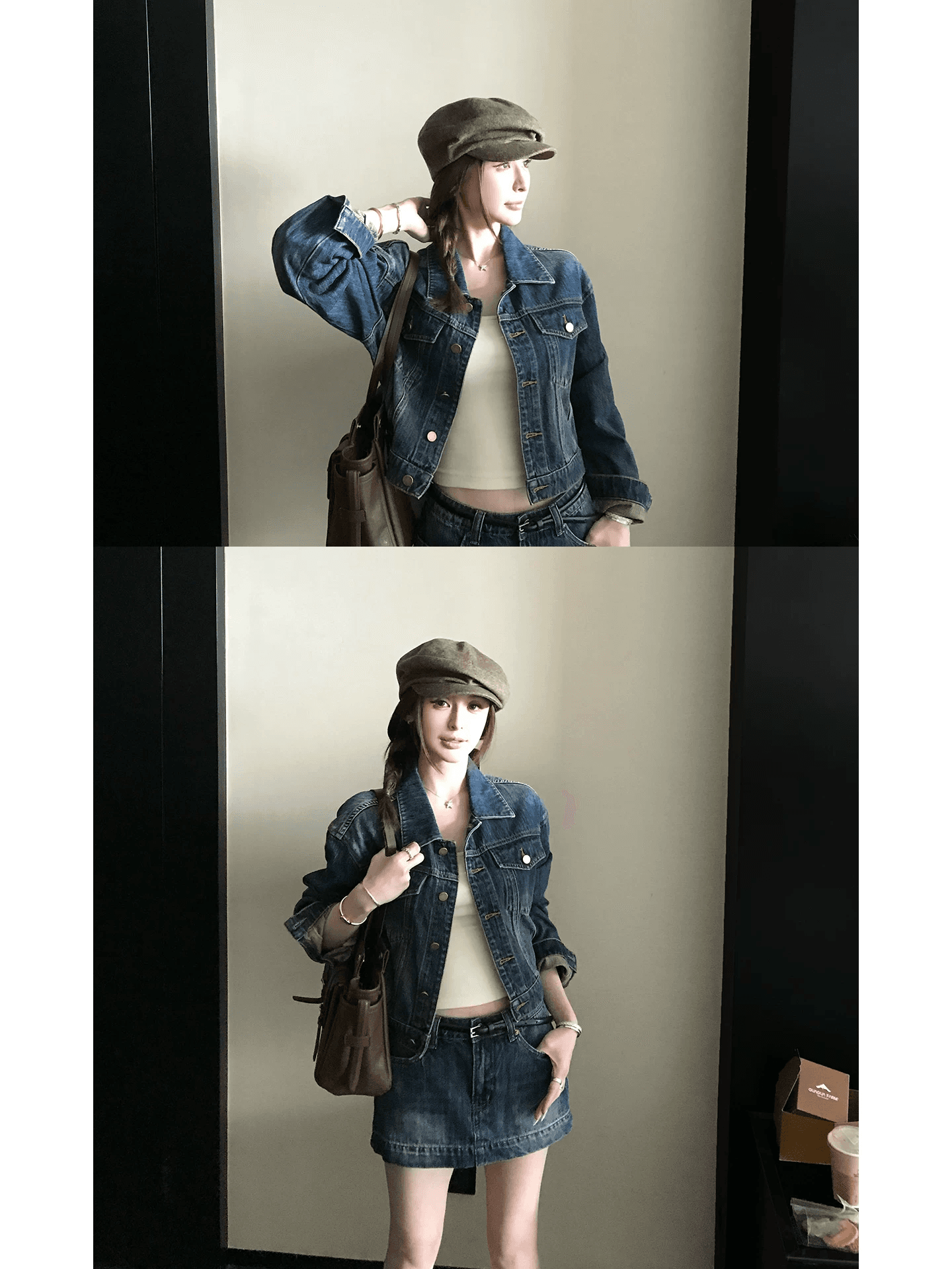 skk store 느슨함 타닌 핫걸 워싱 블루 면 부드러운 느슨함 자기 접촉 데님 재킷 미니 스커트 세트 여성 상세 이미지 4