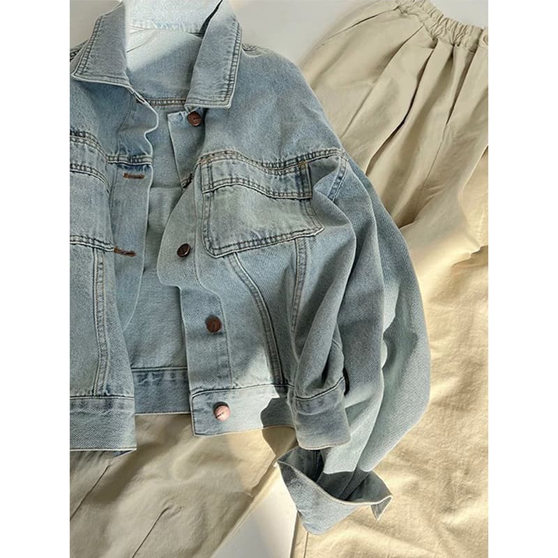 인터넷 유명인 ins 유럽식 워싱 면 레트로 데님 여성 코트 봄 가을 얇은 스타일 한국 스타일 루즈핏 쇼트 스타일 긴팔 셔츠 상세 이미지 3