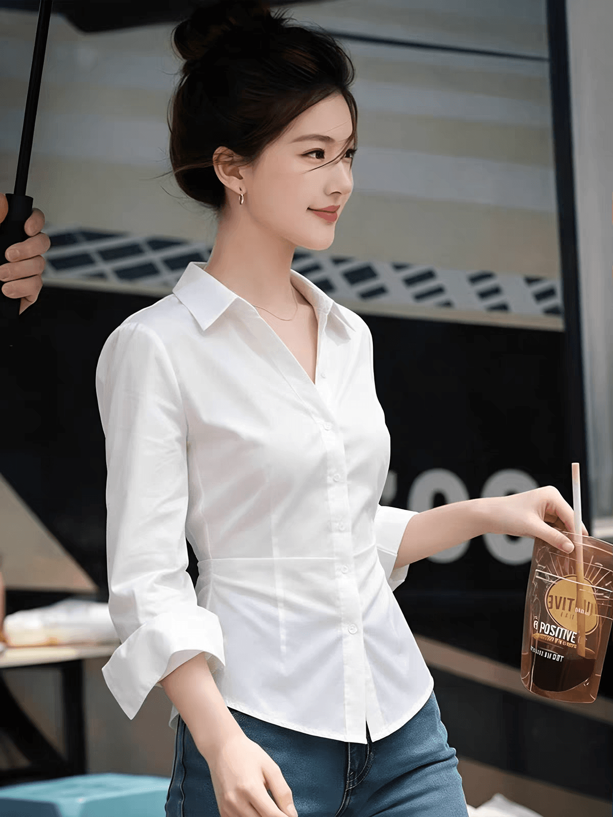 프랑스식 화이트 폴로 칼라 여성 셔츠 가을 긴팔 몸매 가꾸기 허리 수축 슬림해 보이는 출퇴근 착용 가져 가라. 품격 기본 셔츠 맨위 상세 이미지 3