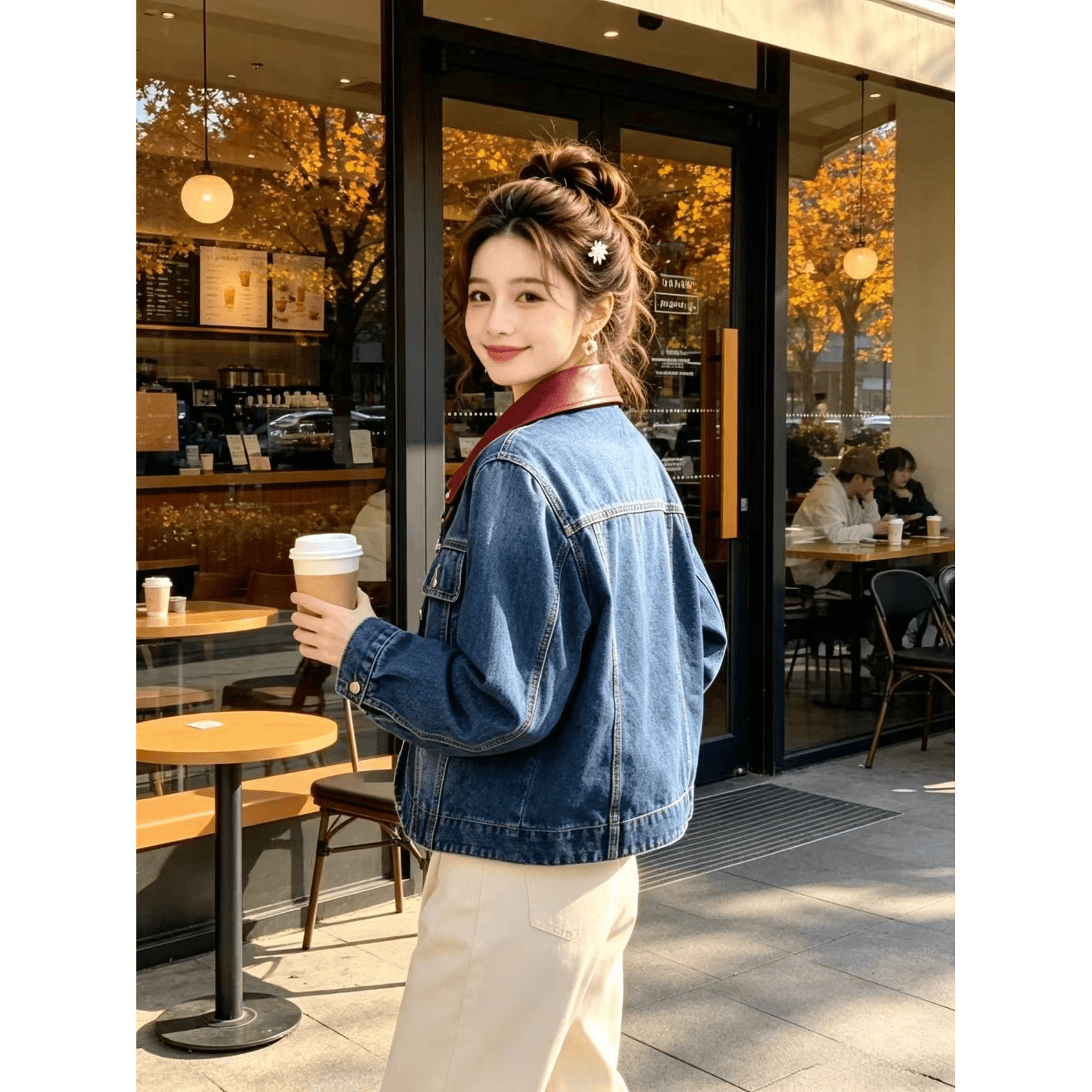 2026 새로운 프랑스식 가죽 고리 패치워크 레트로 연령 감소 데님 맨위 재킷 재킷 패션 트렌디 상세 이미지 1