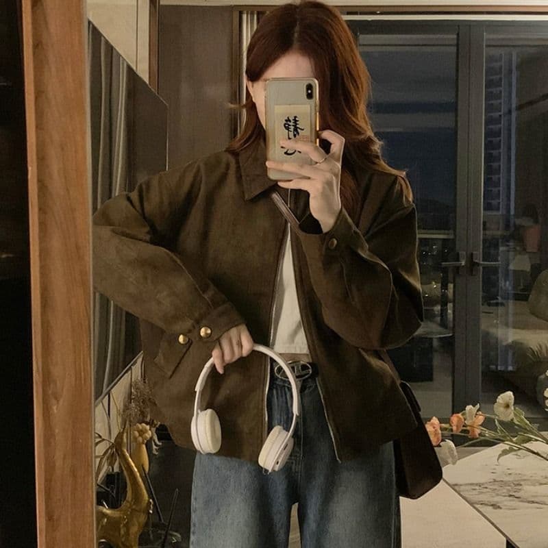 가을 새로운 브라운 아름다움 라드. 사슴 캐시미어 재킷 여성 짧은 아메리칸 작은 키 레트로 오토바이 재킷 맨위