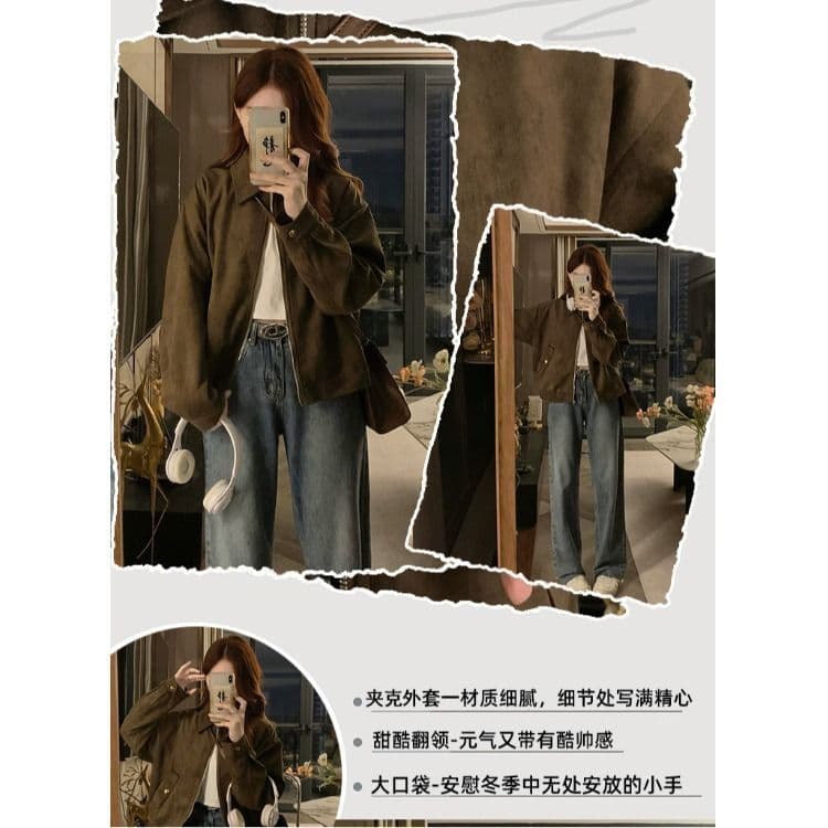 가을 새로운 브라운 아름다움 라드. 사슴 캐시미어 재킷 여성 짧은 아메리칸 작은 키 레트로 오토바이 재킷 맨위 상세 이미지 1