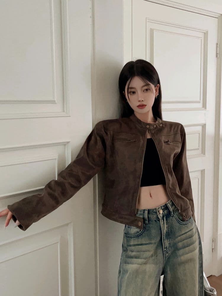 아메리칸 레트로 마 오래된 브라운 쇼트 스타일 재킷 재킷 2026 봄 새로운 핫걸 다용도 스탠드 칼라 pu 가죽 재킷