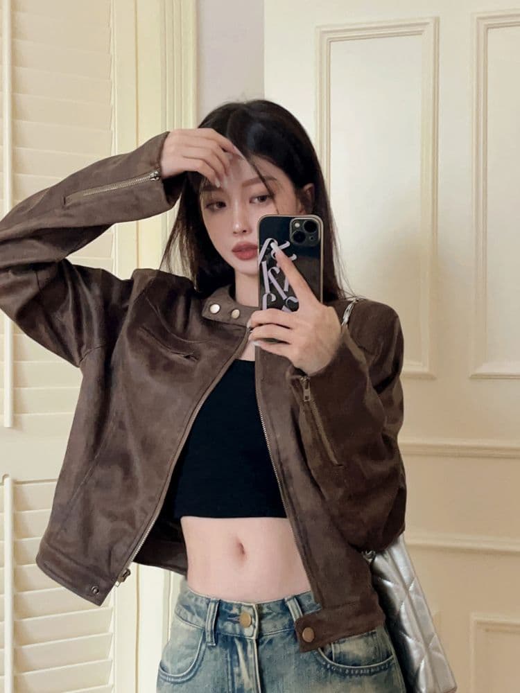 아메리칸 레트로 마 오래된 브라운 쇼트 스타일 재킷 재킷 2026 봄 새로운 핫걸 다용도 스탠드 칼라 pu 가죽 재킷 이미지 2