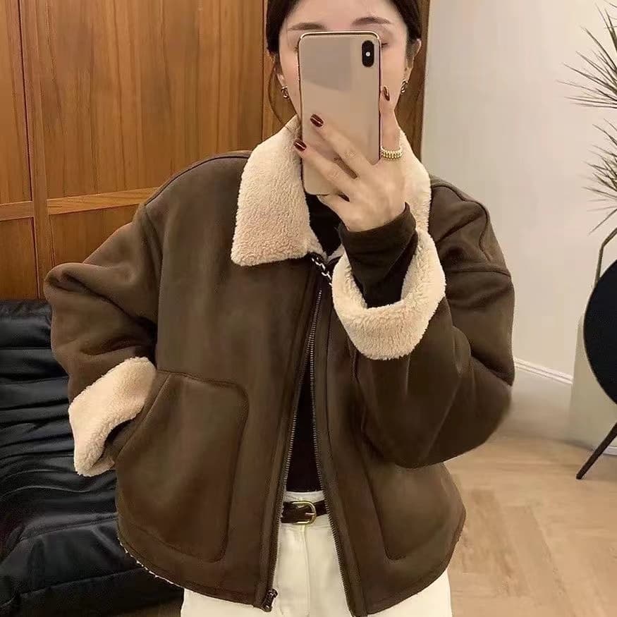 유럽 상품 고급 센스 피모 하나 양털 여성 코트 가을 겨울 두꺼운 폴로 칼라 오토바이 서비스 재킷 맨위 이미지 2