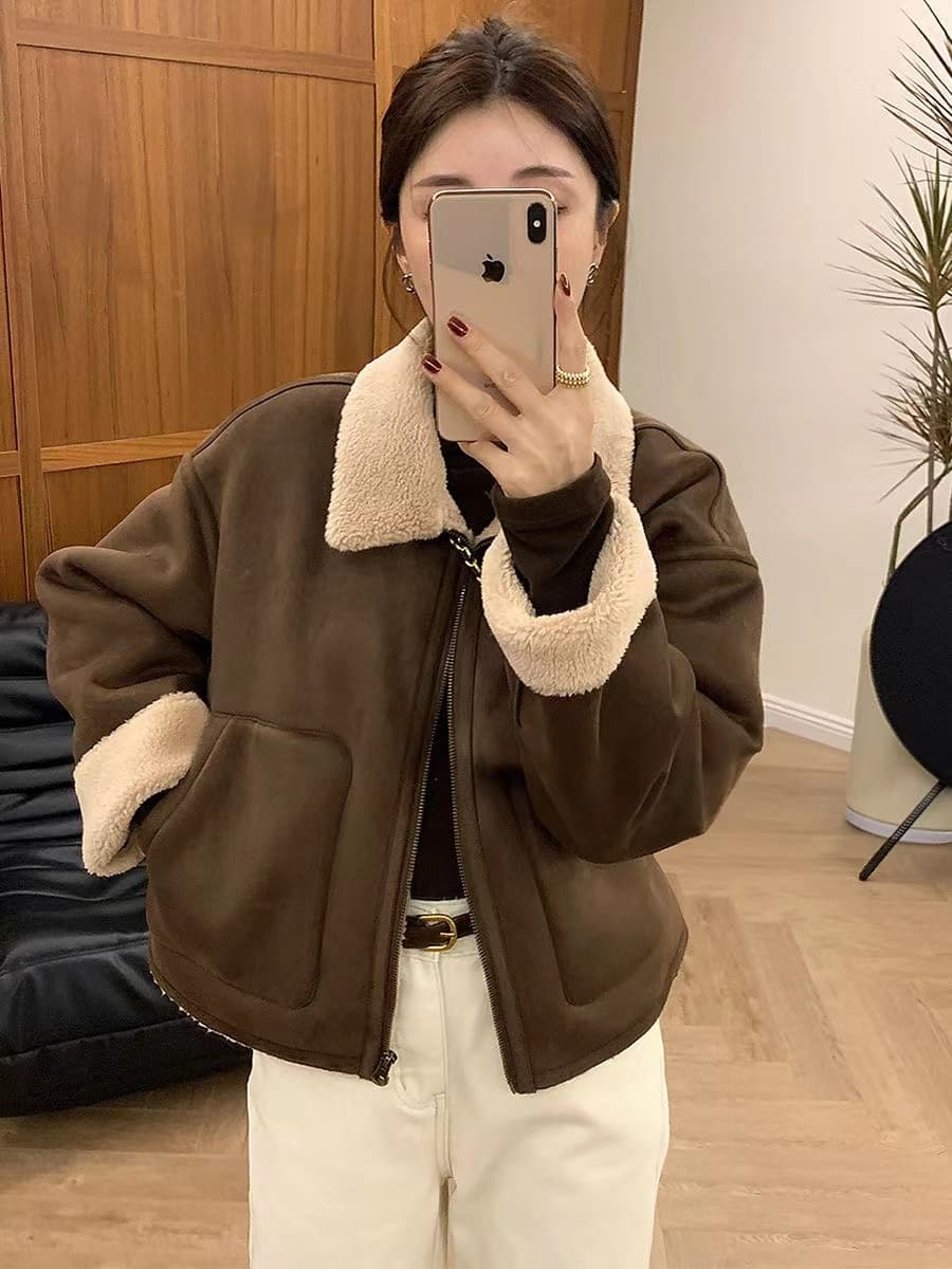 유럽 상품 고급 센스 피모 하나 양털 여성 코트 가을 겨울 두꺼운 폴로 칼라 오토바이 서비스 재킷 맨위 이미지 4