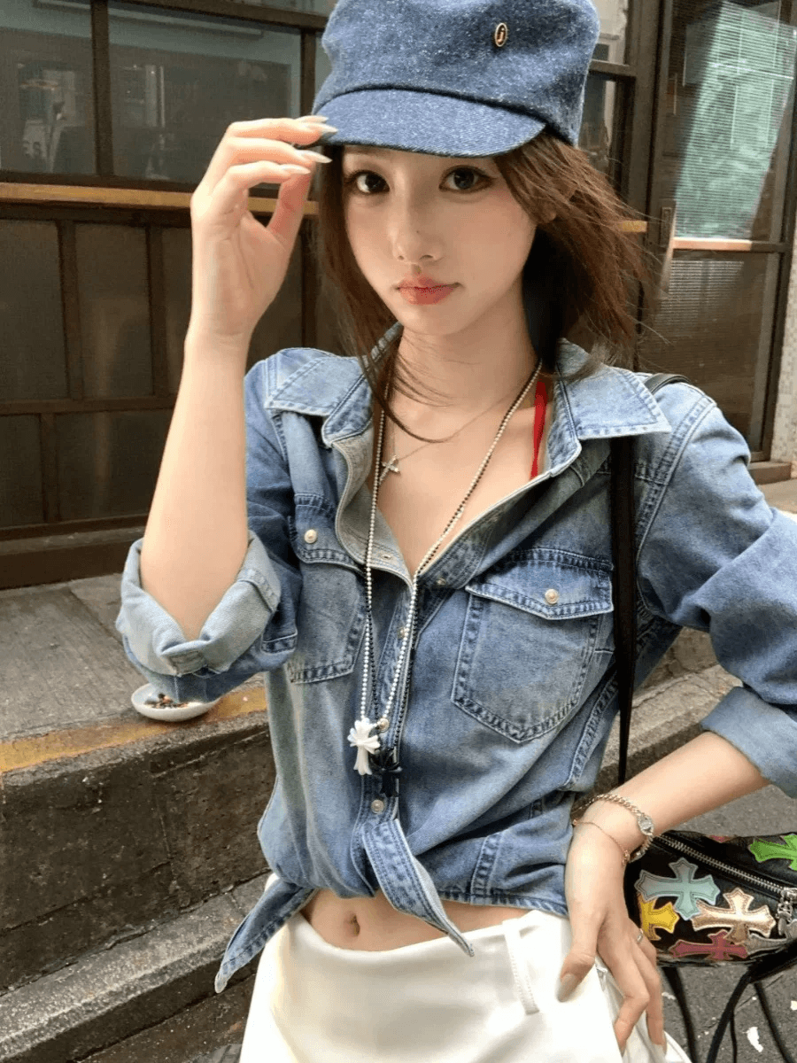 수정 에디션 2026 조기 가을철 실크 레트로 데님 맨위 여성 여름 단 닝 프로필 모양 와 성별 데님 셔츠