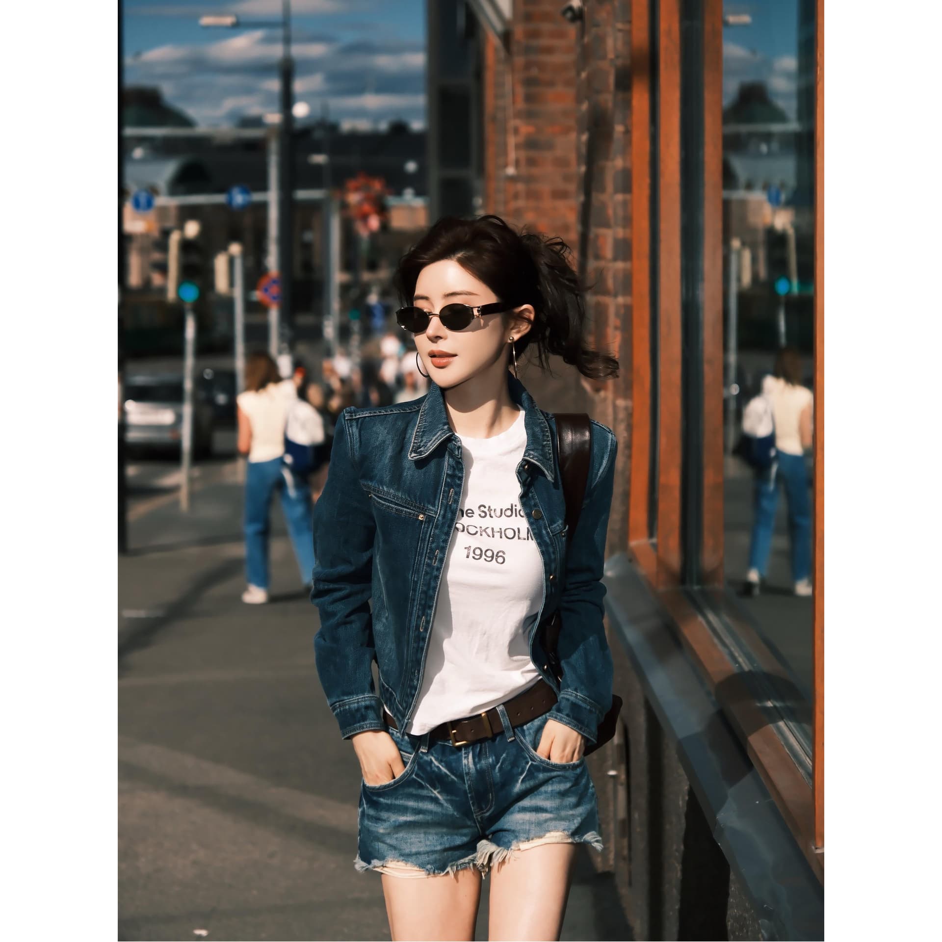 아 더블 asfo 지사 폴로 칼라 막대기 가방 몸매 가꾸기 워싱 데님 쇼트 스타일 여성 코트 상세 이미지 2