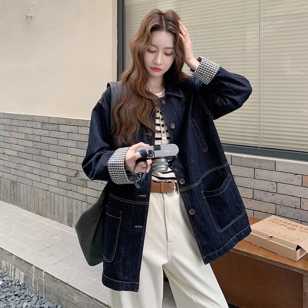 고급 작은 대중 아메리칸 느긋한 chic 데님 여성 코트 봄 가을 2026 년 슈퍼 화재 잘 생긴 워크웨어 재킷 맨위 상세 이미지 2