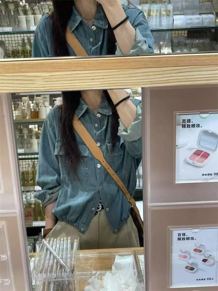 고급 질감 레트로 데님 여성 셔츠 루즈핏 캐주얼 한국 스타일 긴팔 밑단 펌프 로프 쇼트 스타일 맨위 상세 이미지 3