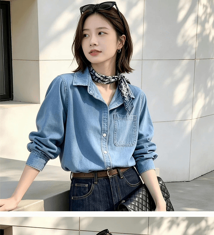 가을 하늘색 부드러운 데님 여성 셔츠 레트로 항구 바람 긍정적 인 어깨 디자인 센스 셔츠 출퇴근 스택 착용 긴팔 맨위 이미지 3